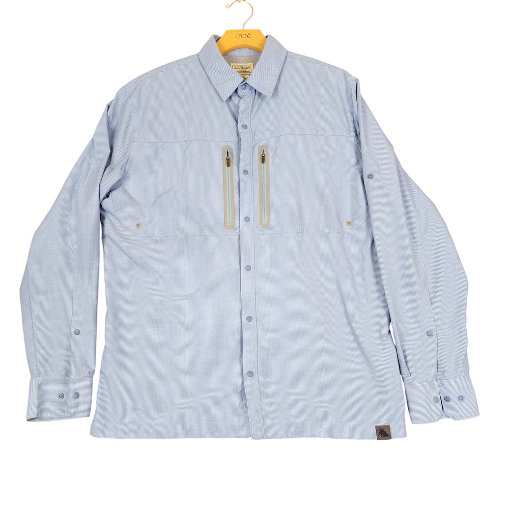 LL Bean Men's Light Blue Gingham Long Sleeve Utility Shirt Size‎ Medium Regular